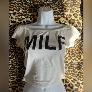 White Off-Shoulder Crop Top with Bold Black Lettering